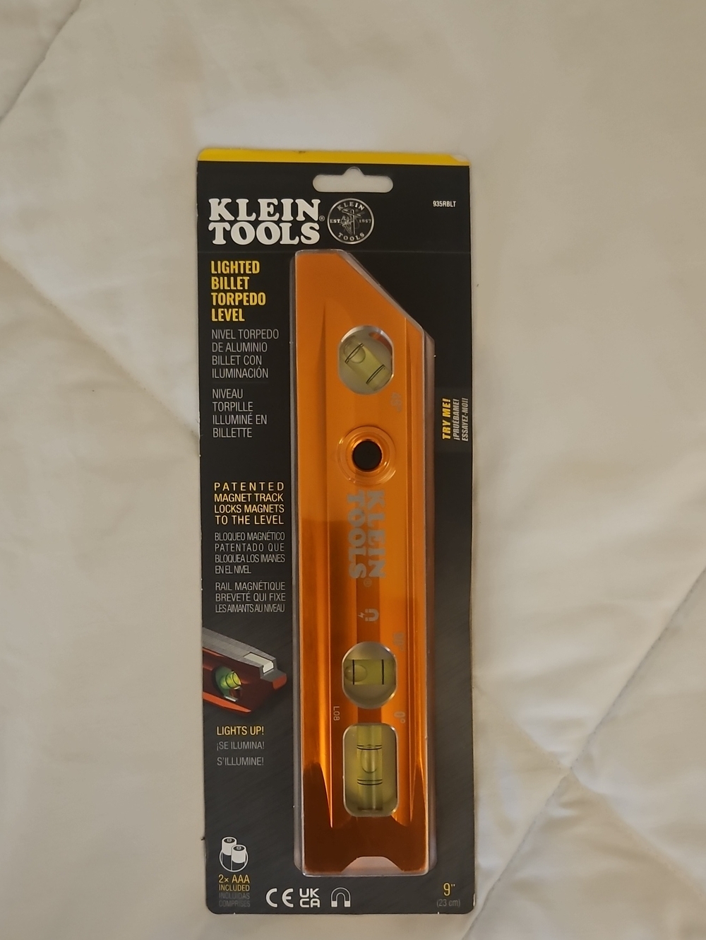 Klein Tools 9" Orange Lighted Billet Torpedo Level